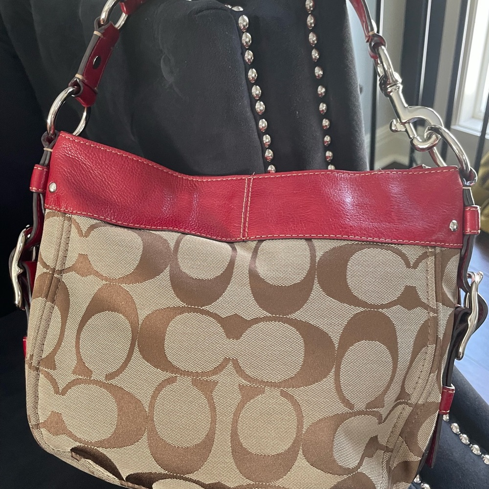 Coach saddle bag brown signature canvas; red leather trim - Picture 4 of 6